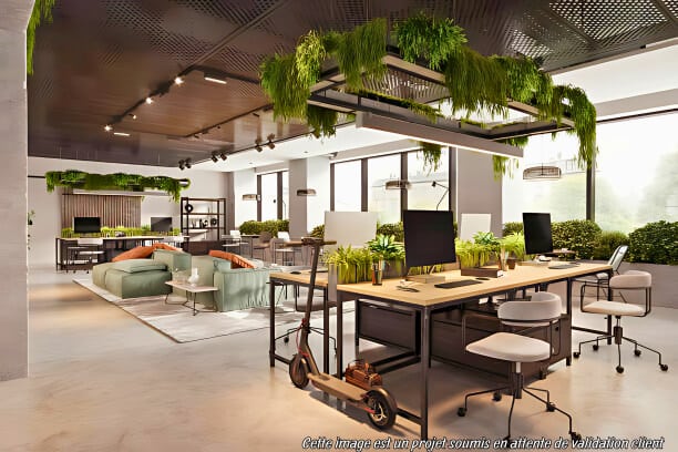 Open-space végétalisé avec plafond végétal favorisant le bien-être